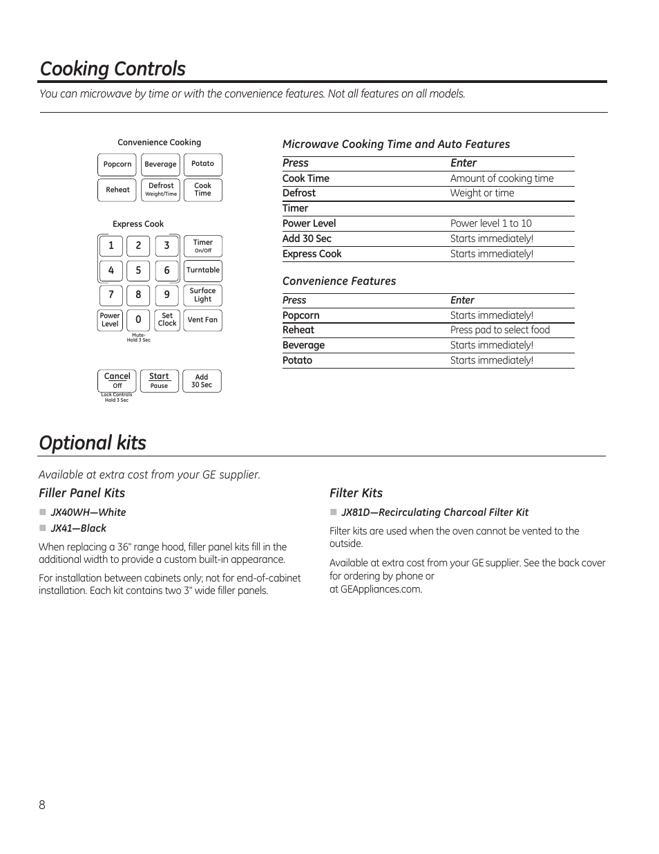 Cooking controls, Optional kits, 8filler panel kits | Filter kits | GE 1.6 cu. ft. Over-the-Range Microwave Oven Use and Care Guide User Manual | Page 8 / 48