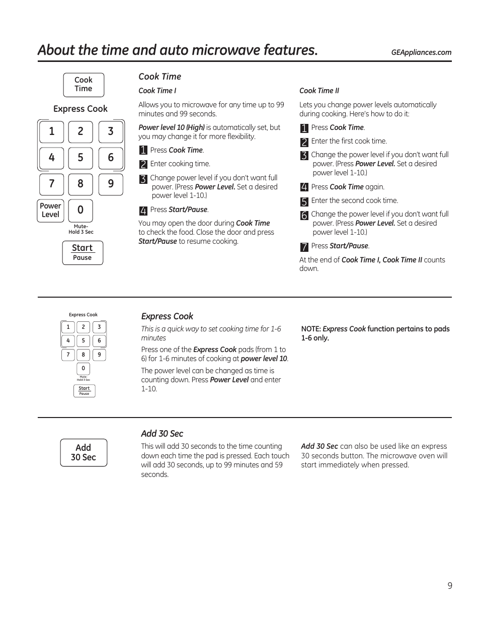 About the time and auto microwave features, Convenience cooking express cook, Start | Cancel | GE 1.6 cu. ft. Over-the-Range Microwave Oven Use and Care Guide User Manual | Page 9 / 48