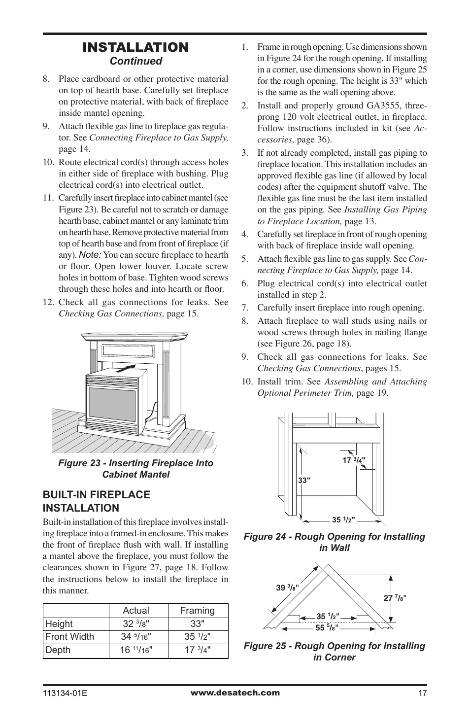 Installation, Continued, Built-in fireplace installation | Desa VTGF33PRB User Manual | Page 17 / 40