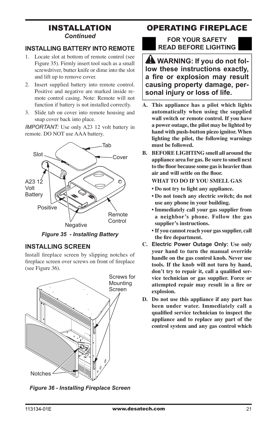 Operating fireplace, Installation | Desa VTGF33PRB User Manual | Page 21 / 40