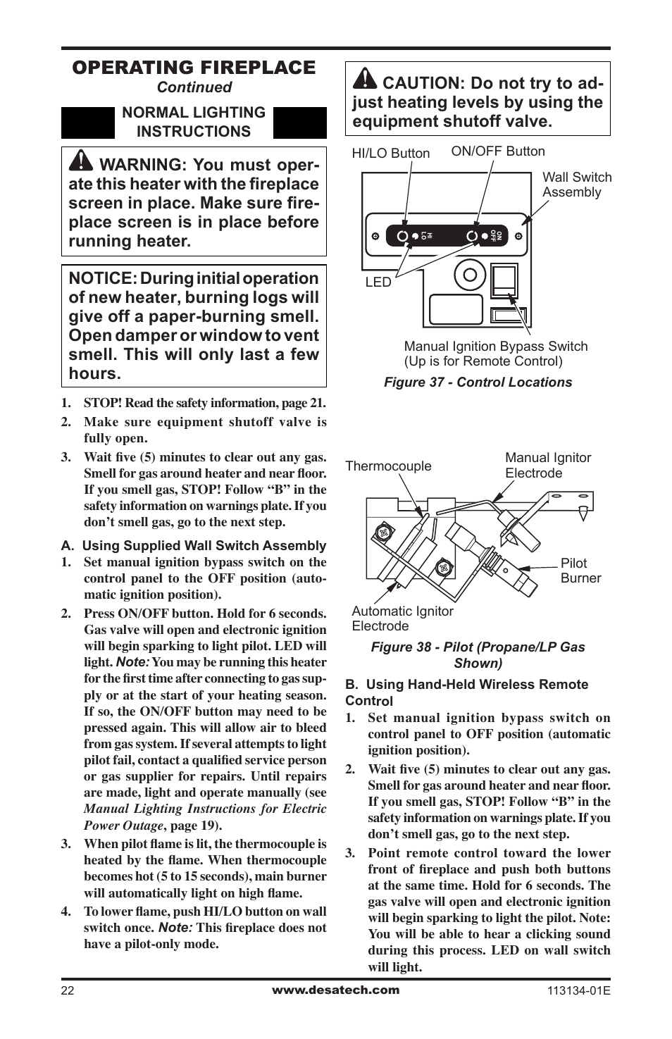 Operating fireplace | Desa VTGF33PRB User Manual | Page 22 / 40