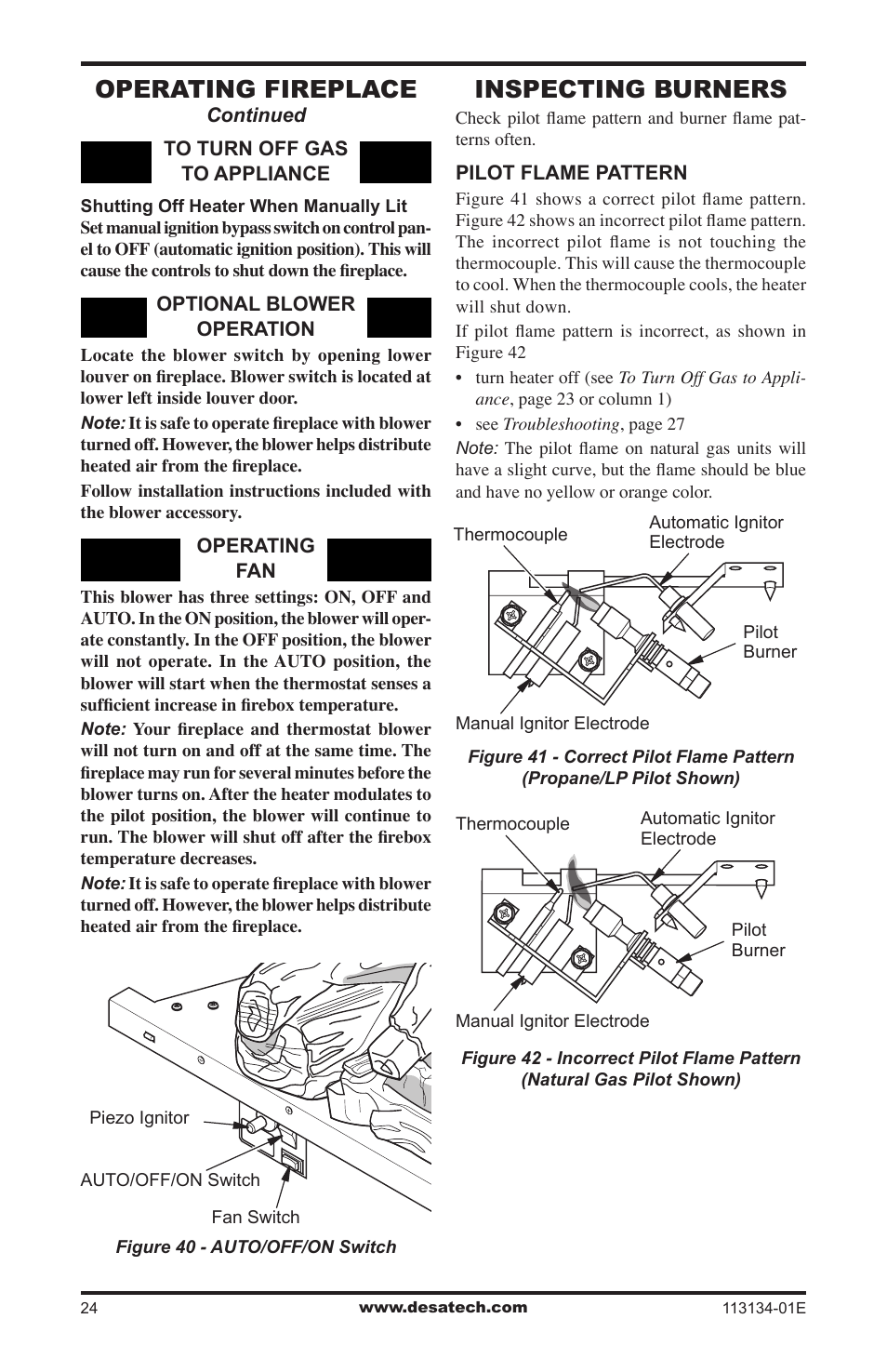 Inspecting burners, Operating fireplace | Desa VTGF33PRB User Manual | Page 24 / 40
