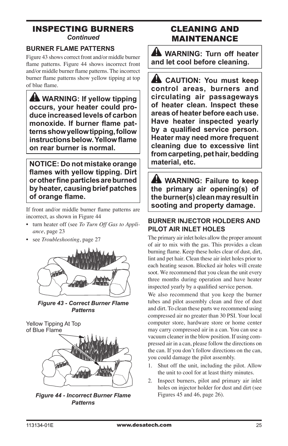 Cleaning and maintenance, Inspecting burners | Desa VTGF33PRB User Manual | Page 25 / 40