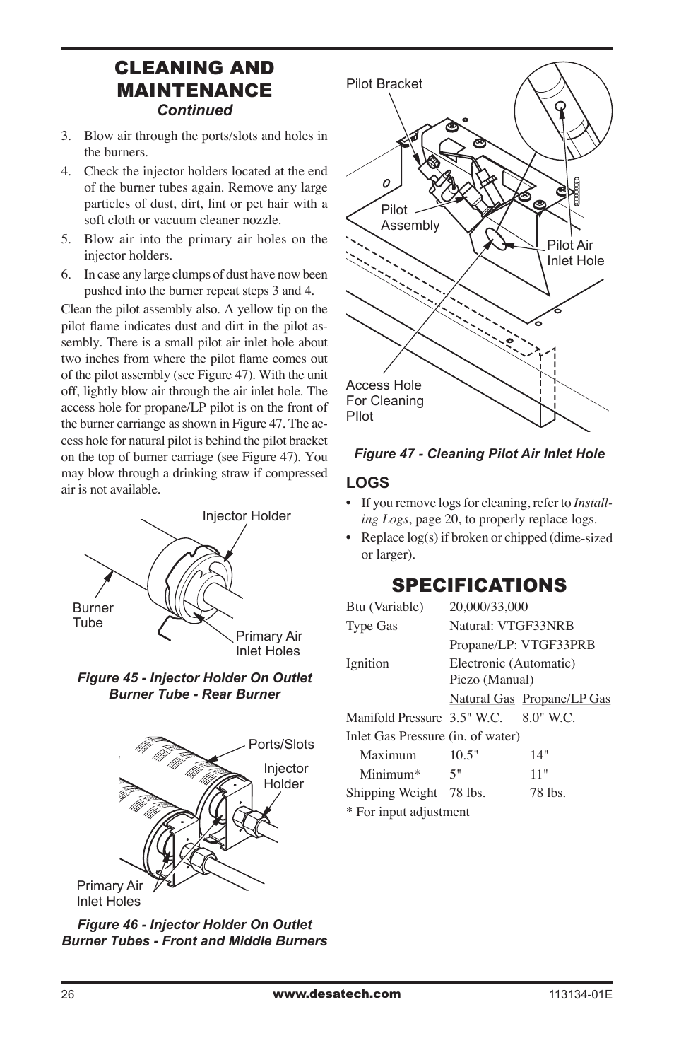 Specifications, Cleaning and maintenance | Desa VTGF33PRB User Manual | Page 26 / 40