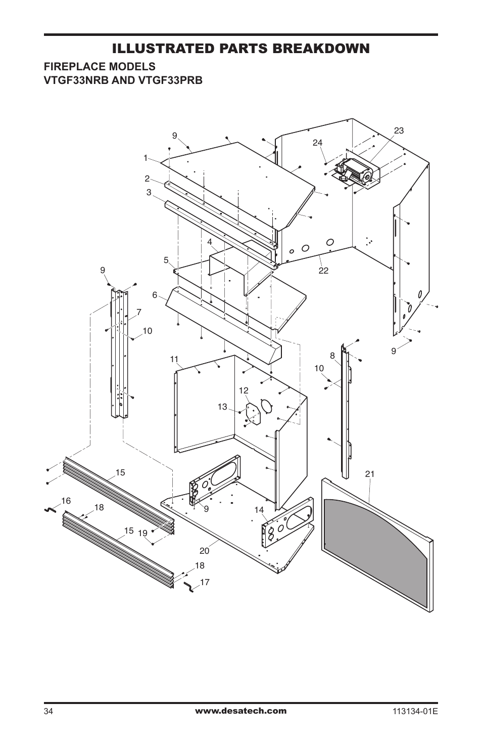 Illustrated parts breakdown, Fireplace models vtgf33nrb and vtgf33prb | Desa VTGF33PRB User Manual | Page 34 / 40