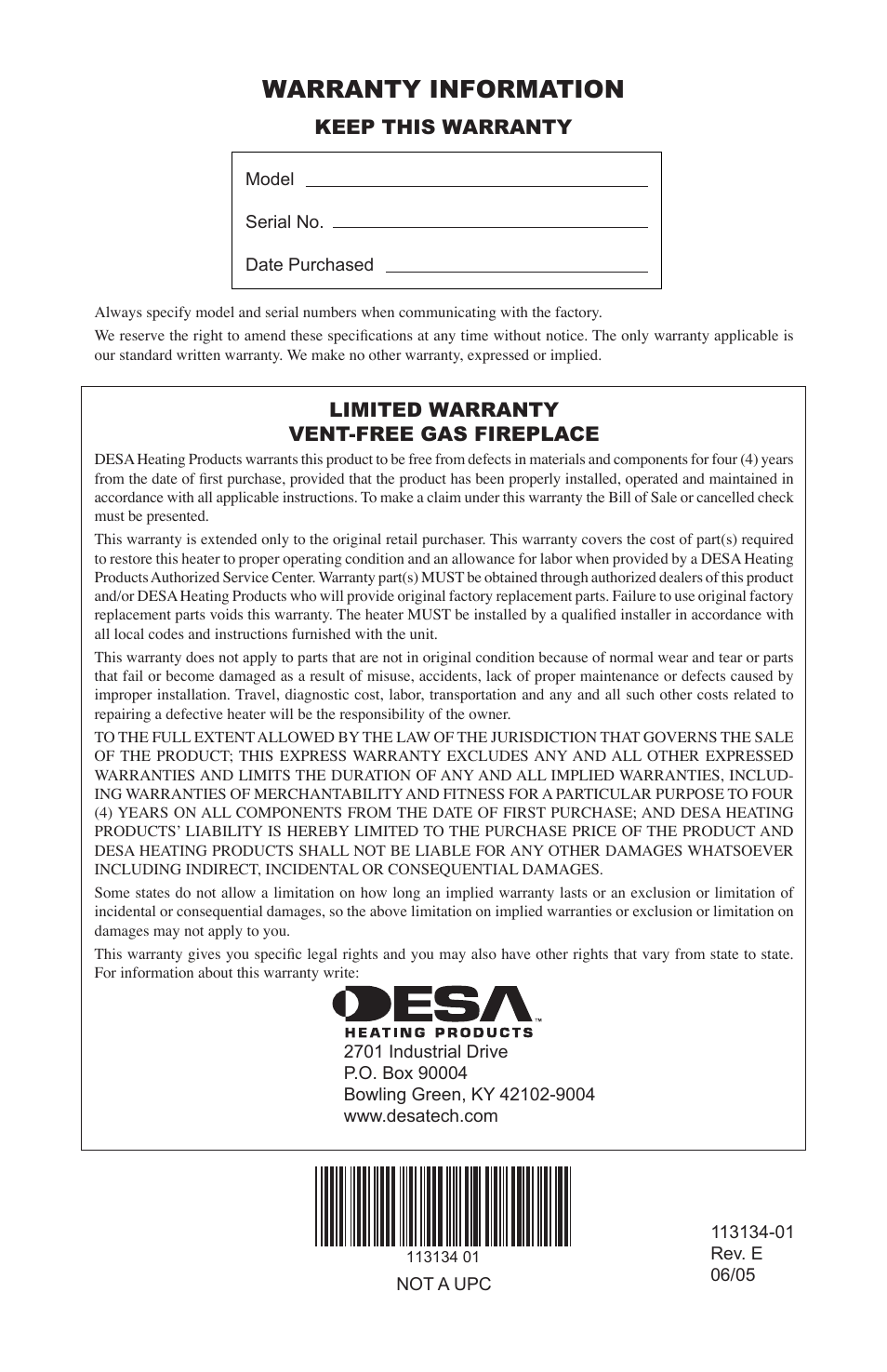 Warranty information, Keep this warranty, Limited warranty vent-free gas fireplace | Desa VTGF33PRB User Manual | Page 40 / 40