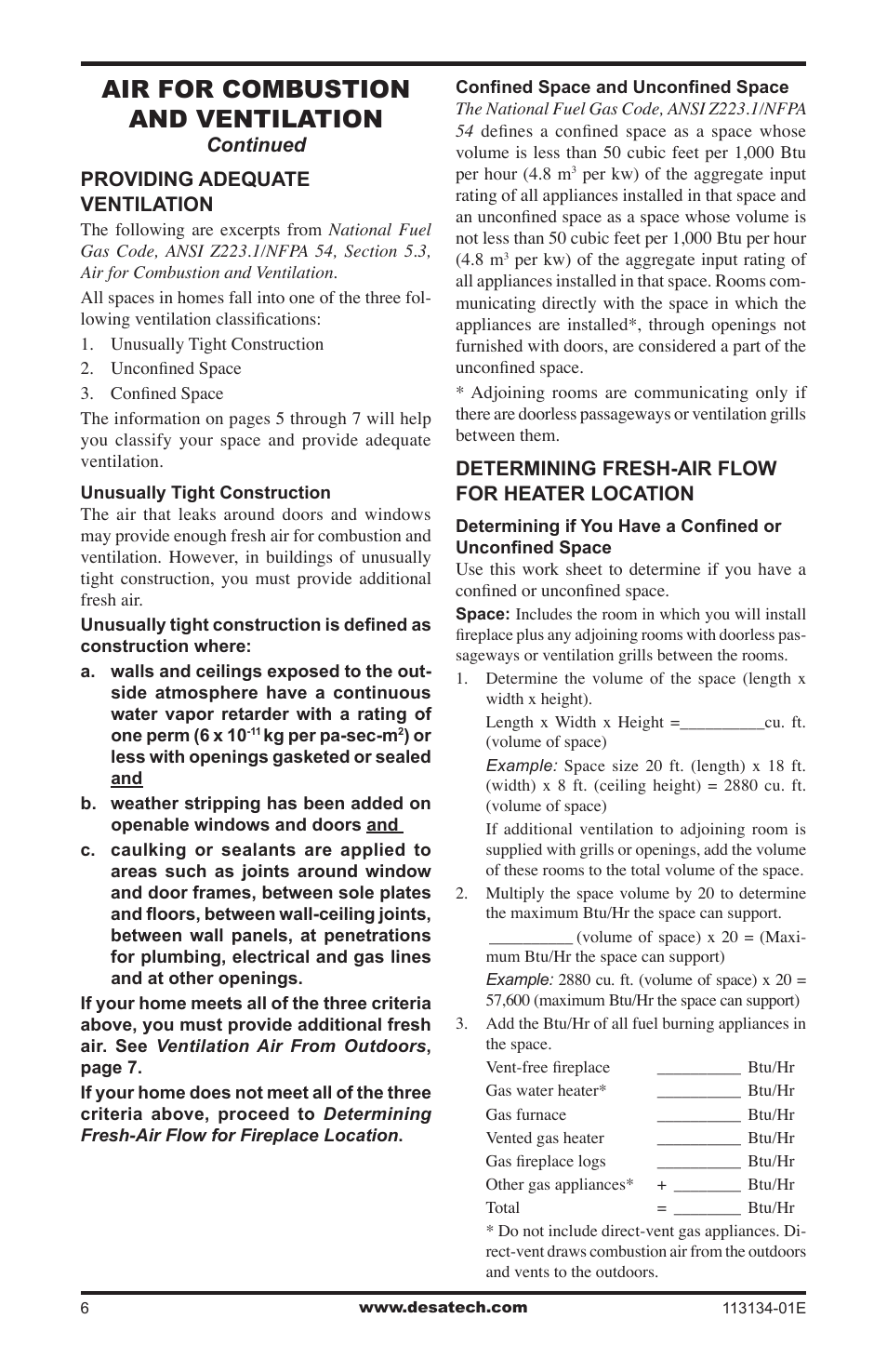 Air for combustion and ventilation | Desa VTGF33PRB User Manual | Page 6 / 40