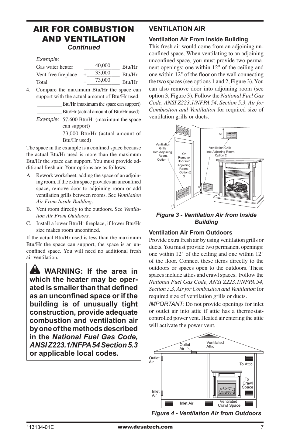Air for combustion and ventilation, Continued ventilation air | Desa VTGF33PRB User Manual | Page 7 / 40