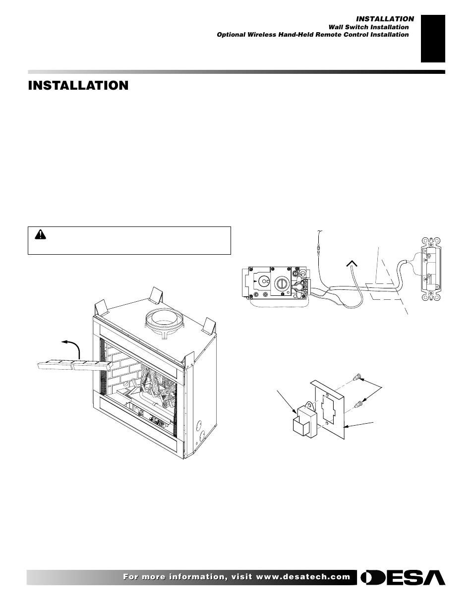Installation, Wall switch installation, Installing receiver | Desa H User Manual | Page 11 / 28