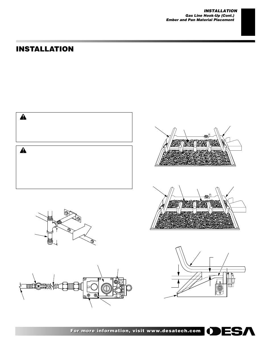Installation, Continued, Ember and pan material placement | Desa H User Manual | Page 13 / 28