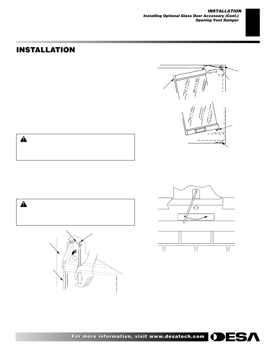 Installation, Continued, Opening vent damper | Desa H User Manual | Page 17 / 28