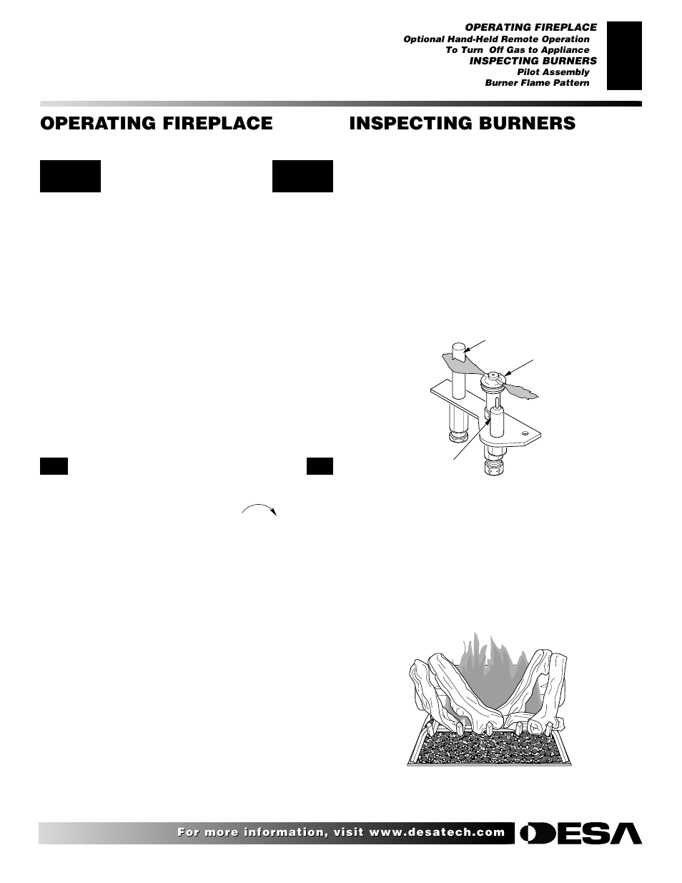 Inspecting burners, Operating fireplace, Continued | Desa H User Manual | Page 19 / 28