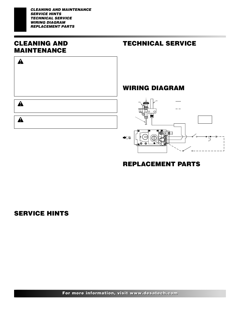 Cleaning and maintenance, Service hints, Technical service | Wiring diagram, Replacement parts, Wiring diagram replacement parts, Parts under warranty, Parts not under warranty, Pilot and burner, Logs | Desa H User Manual | Page 20 / 28