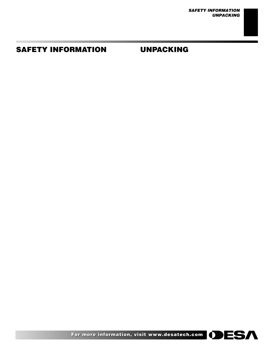 Unpacking, Safety information | Desa H User Manual | Page 3 / 28