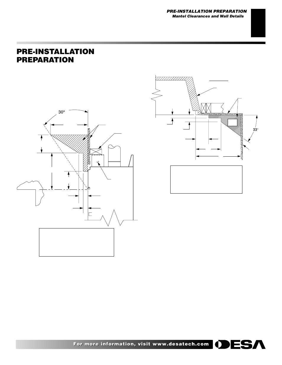 Pre-installation preparation, Continued, Mantel clearances and wall details | Desa H User Manual | Page 7 / 28