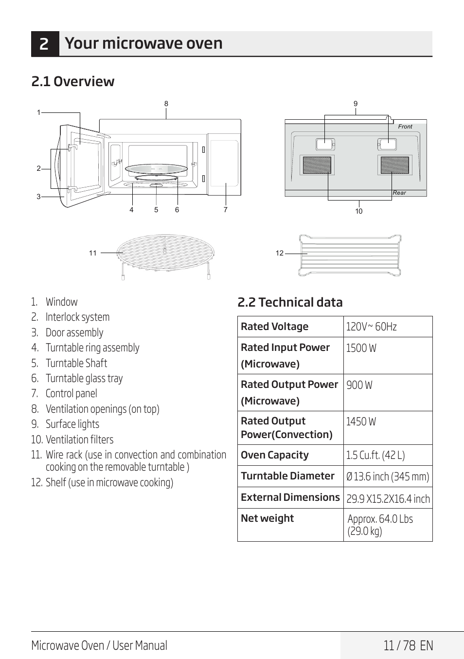 2your microwave oven, 11 / 78 en, 1 overview | Microwave oven / user manual, 2 technical data | Beko 30 Inch Over the Range Convection Microwave Owner Manual User Manual | Page 11 / 80