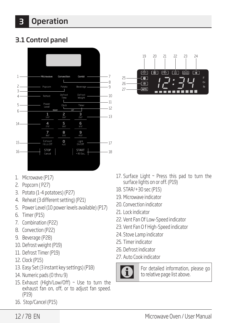 3operation, 12 / 78 en, 1 control panel | Microwave oven / user manual | Beko 30 Inch Over the Range Convection Microwave Owner Manual User Manual | Page 12 / 80