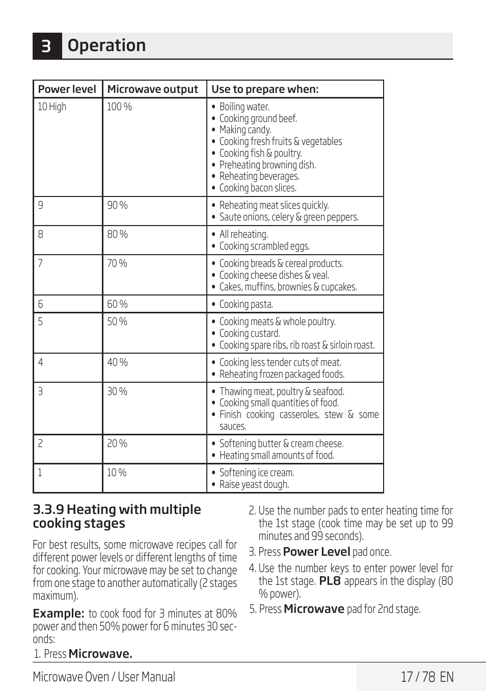 3operation, 17 / 78 en, Microwave oven / user manual | 9 heating with multiple cooking stages | Beko 30 Inch Over the Range Convection Microwave Owner Manual User Manual | Page 17 / 80