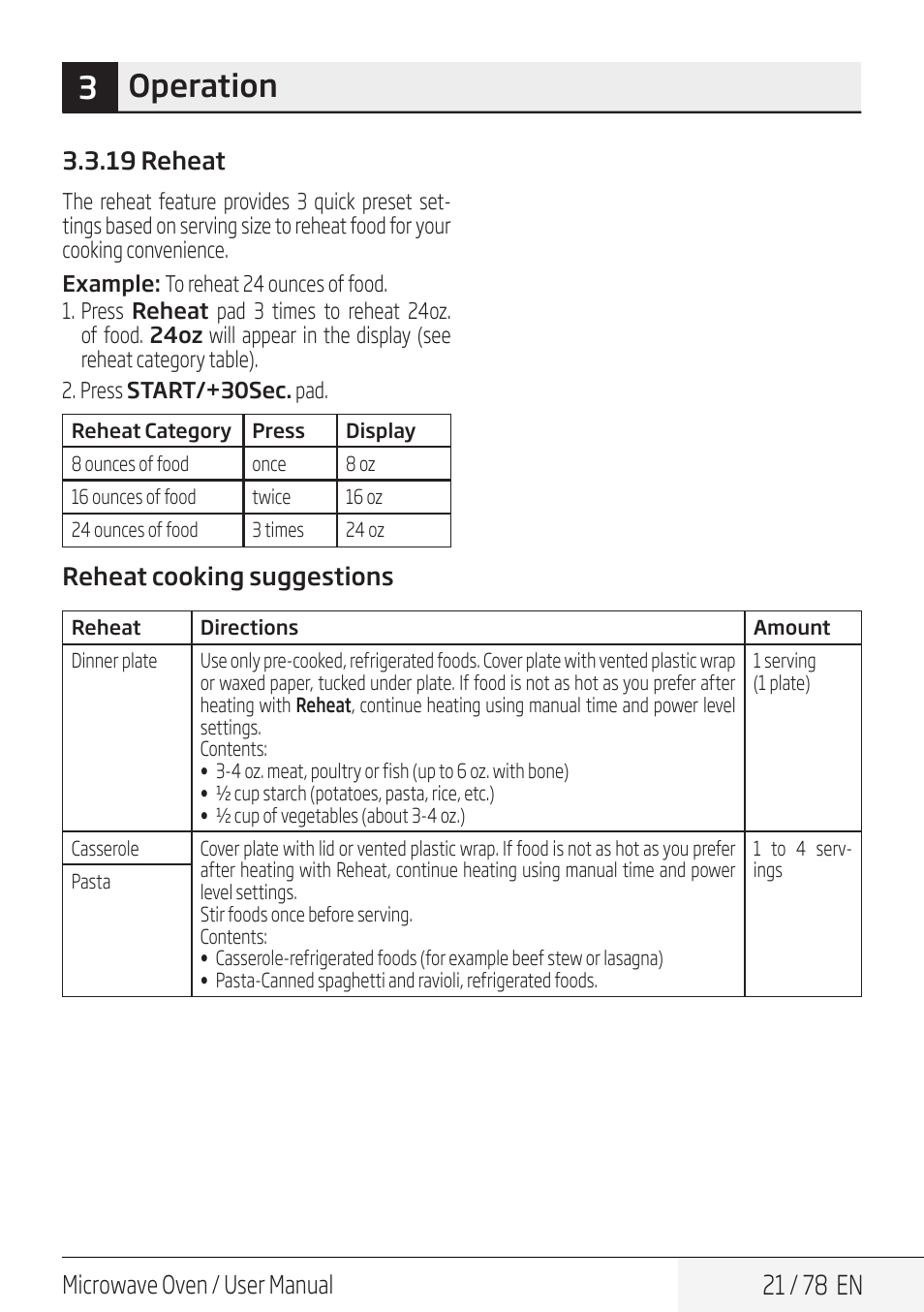 3operation, 21 / 78 en, Microwave oven / user manual | 19 reheat, Reheat cooking suggestions | Beko 30 Inch Over the Range Convection Microwave Owner Manual User Manual | Page 21 / 80