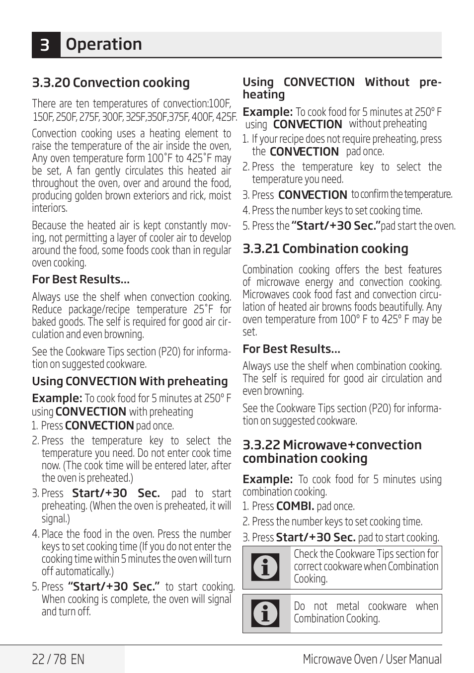 3operation | Beko 30 Inch Over the Range Convection Microwave Owner Manual User Manual | Page 22 / 80