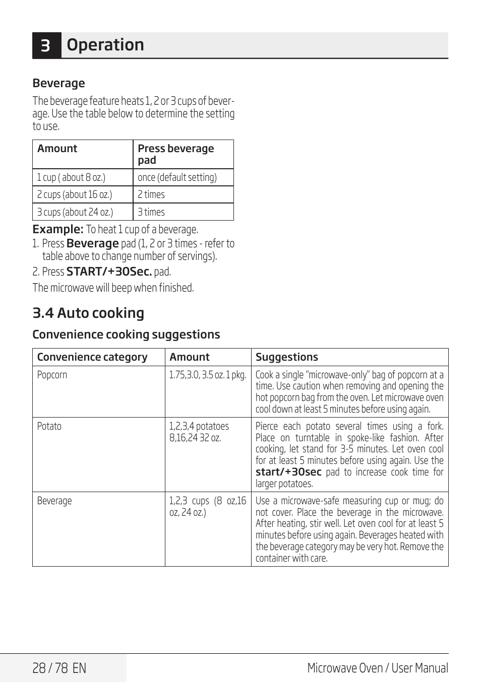 3operation, 28 / 78 en, 4 auto cooking | Microwave oven / user manual | Beko 30 Inch Over the Range Convection Microwave Owner Manual User Manual | Page 28 / 80