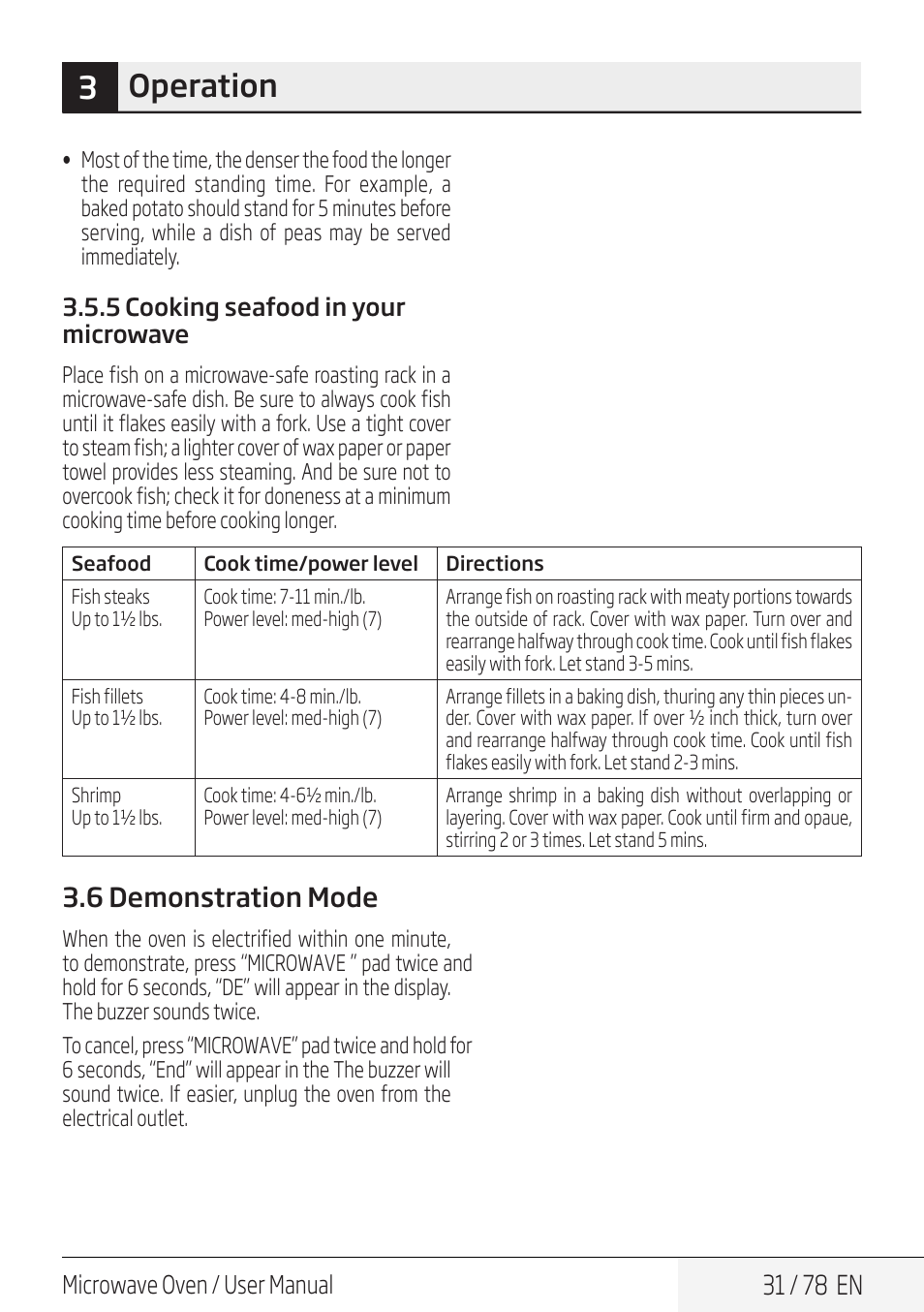3operation, 31 / 78 en, 6 demonstration mode | Microwave oven / user manual | Beko 30 Inch Over the Range Convection Microwave Owner Manual User Manual | Page 31 / 80