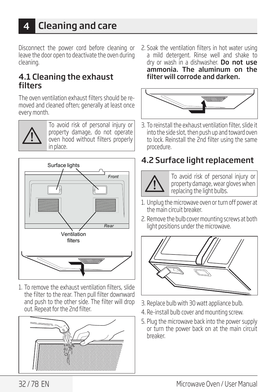 4cleaning and care | Beko 30 Inch Over the Range Convection Microwave Owner Manual User Manual | Page 32 / 80