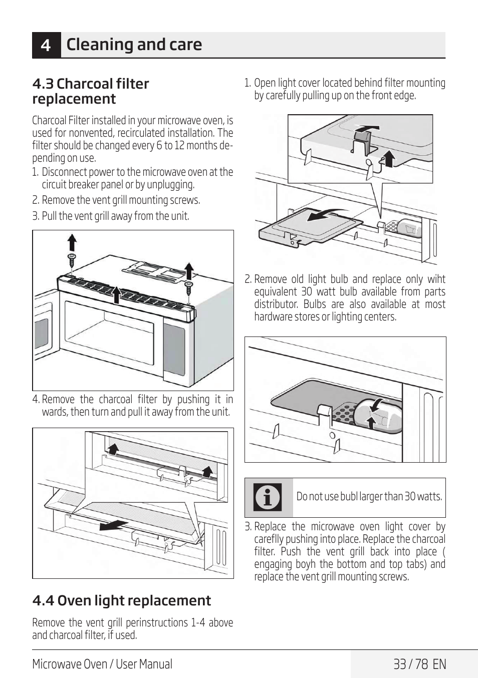 4cleaning and care | Beko 30 Inch Over the Range Convection Microwave Owner Manual User Manual | Page 33 / 80