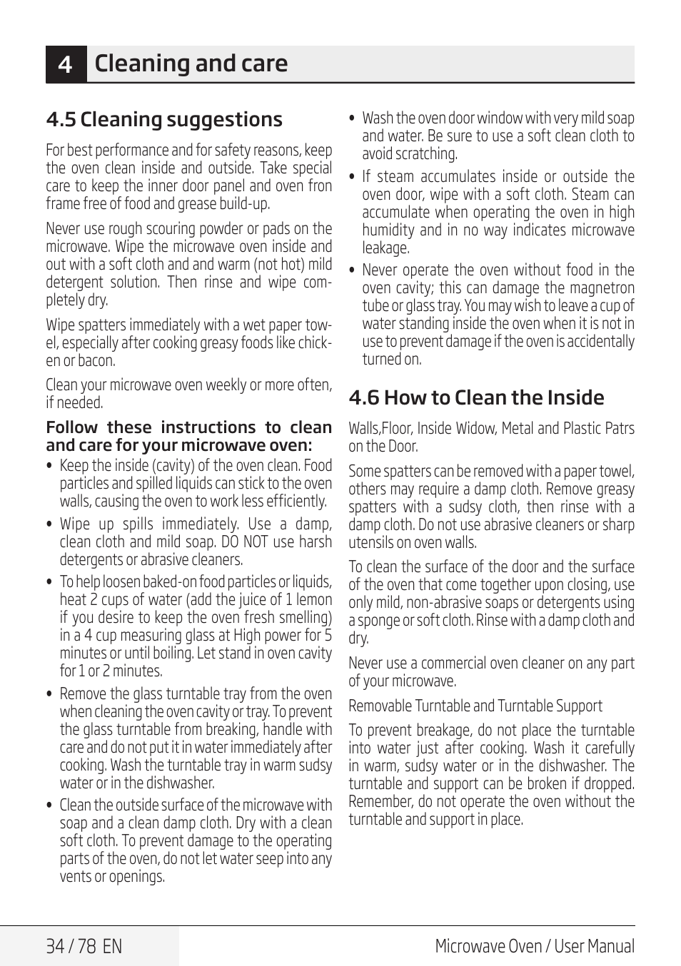 4cleaning and care, 34 / 78 en, 5 cleaning suggestions | 6 how to clean the inside | Beko 30 Inch Over the Range Convection Microwave Owner Manual User Manual | Page 34 / 80