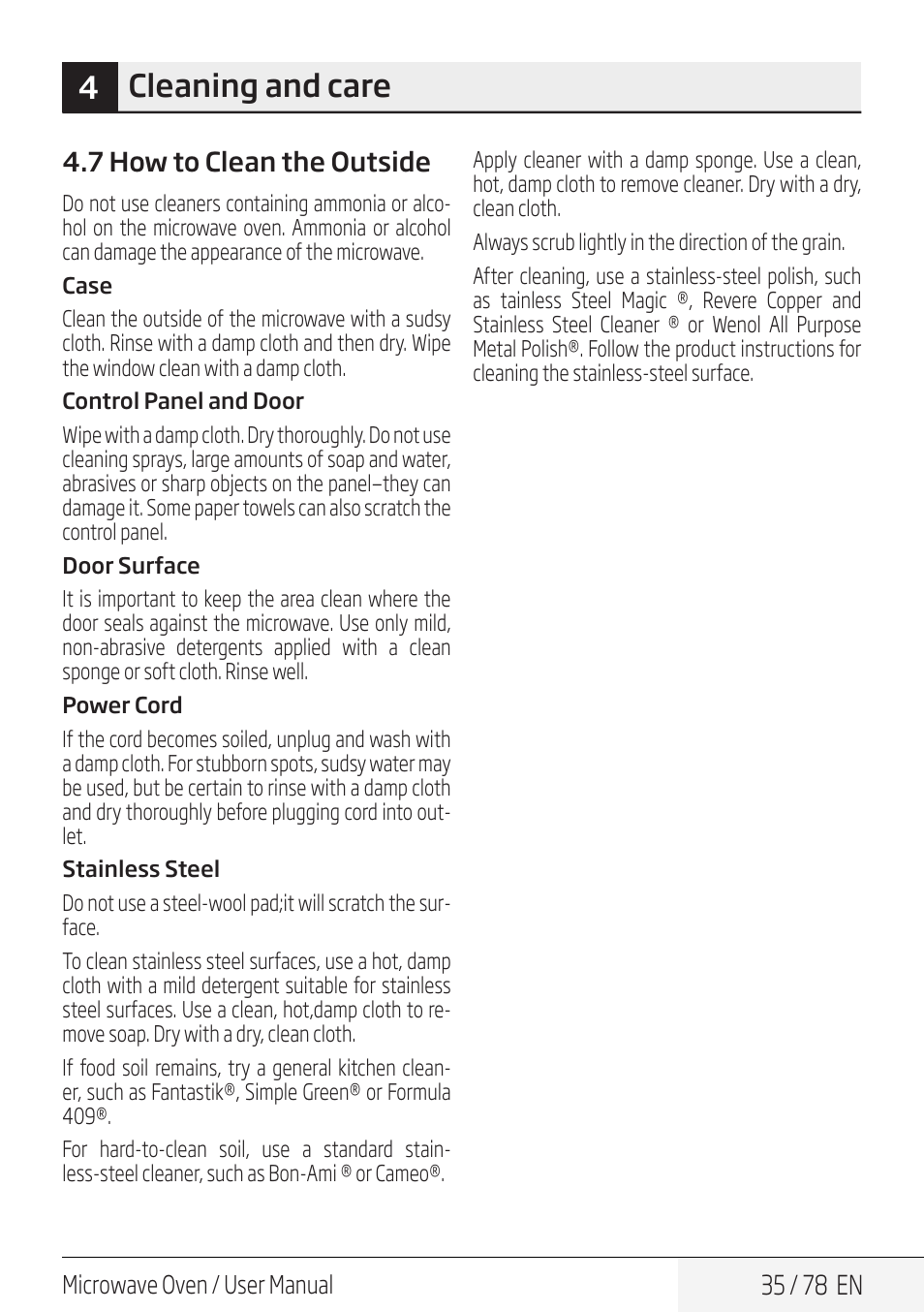 4cleaning and care | Beko 30 Inch Over the Range Convection Microwave Owner Manual User Manual | Page 35 / 80