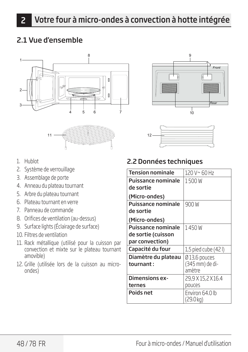 48 / 78 fr, 1 vue d'ensemble, Four à micro-ondes / manuel d’utilisation | 2 données techniques | Beko 30 Inch Over the Range Convection Microwave Owner Manual User Manual | Page 48 / 80