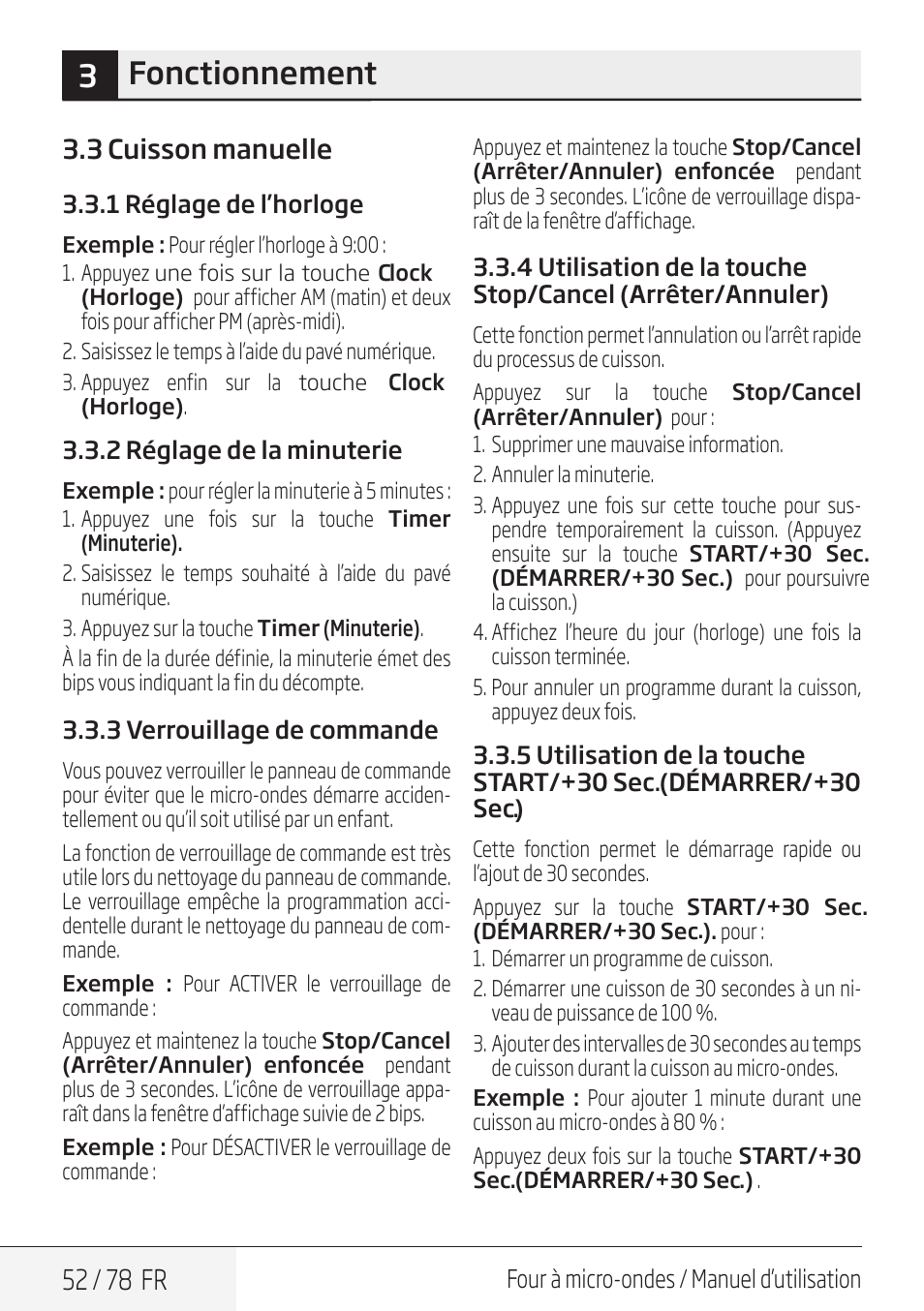 3fonctionnement, 52 / 78 fr, 3 cuisson manuelle | Beko 30 Inch Over the Range Convection Microwave Owner Manual User Manual | Page 52 / 80