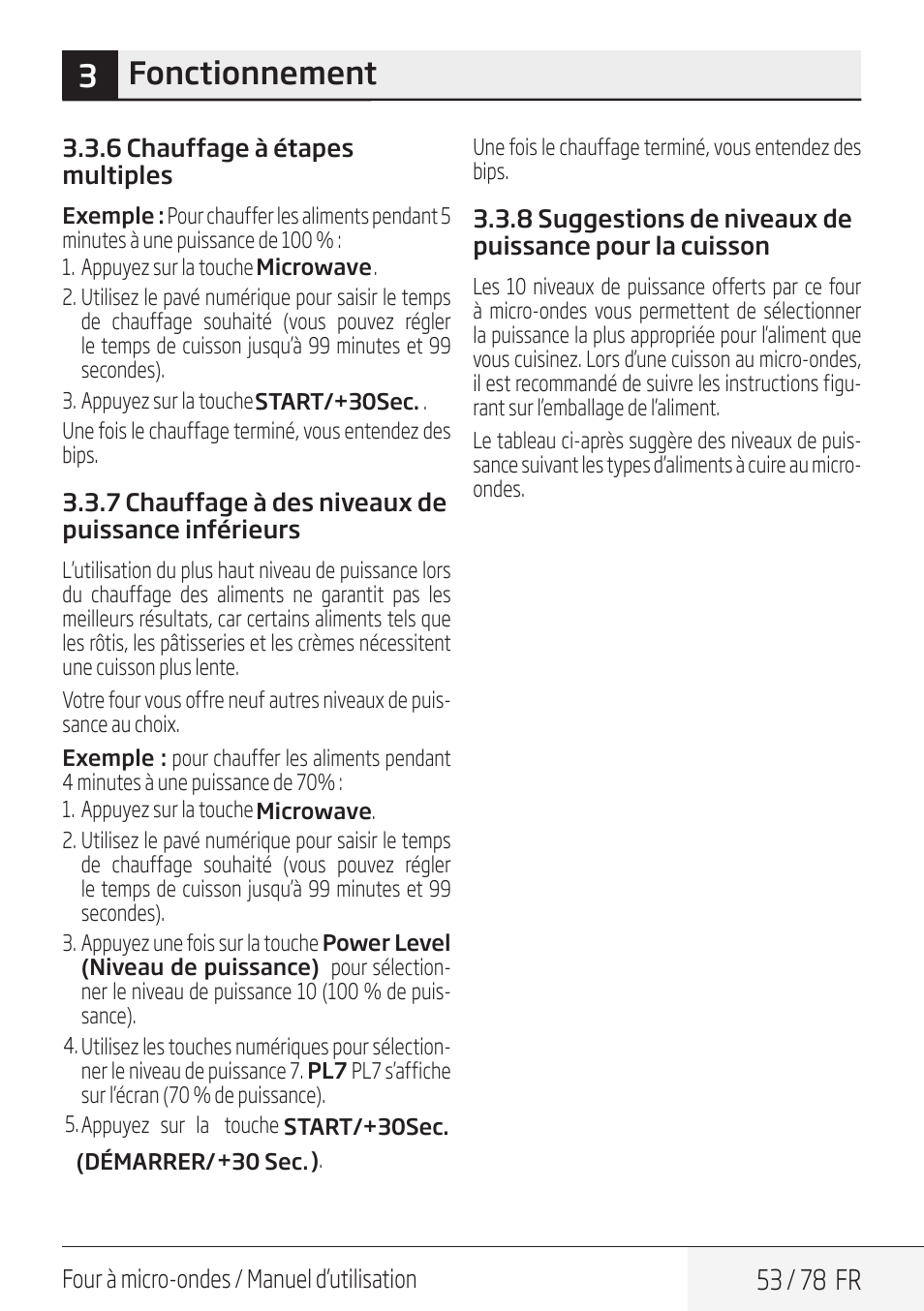 3fonctionnement, 53 / 78 fr | Beko 30 Inch Over the Range Convection Microwave Owner Manual User Manual | Page 53 / 80