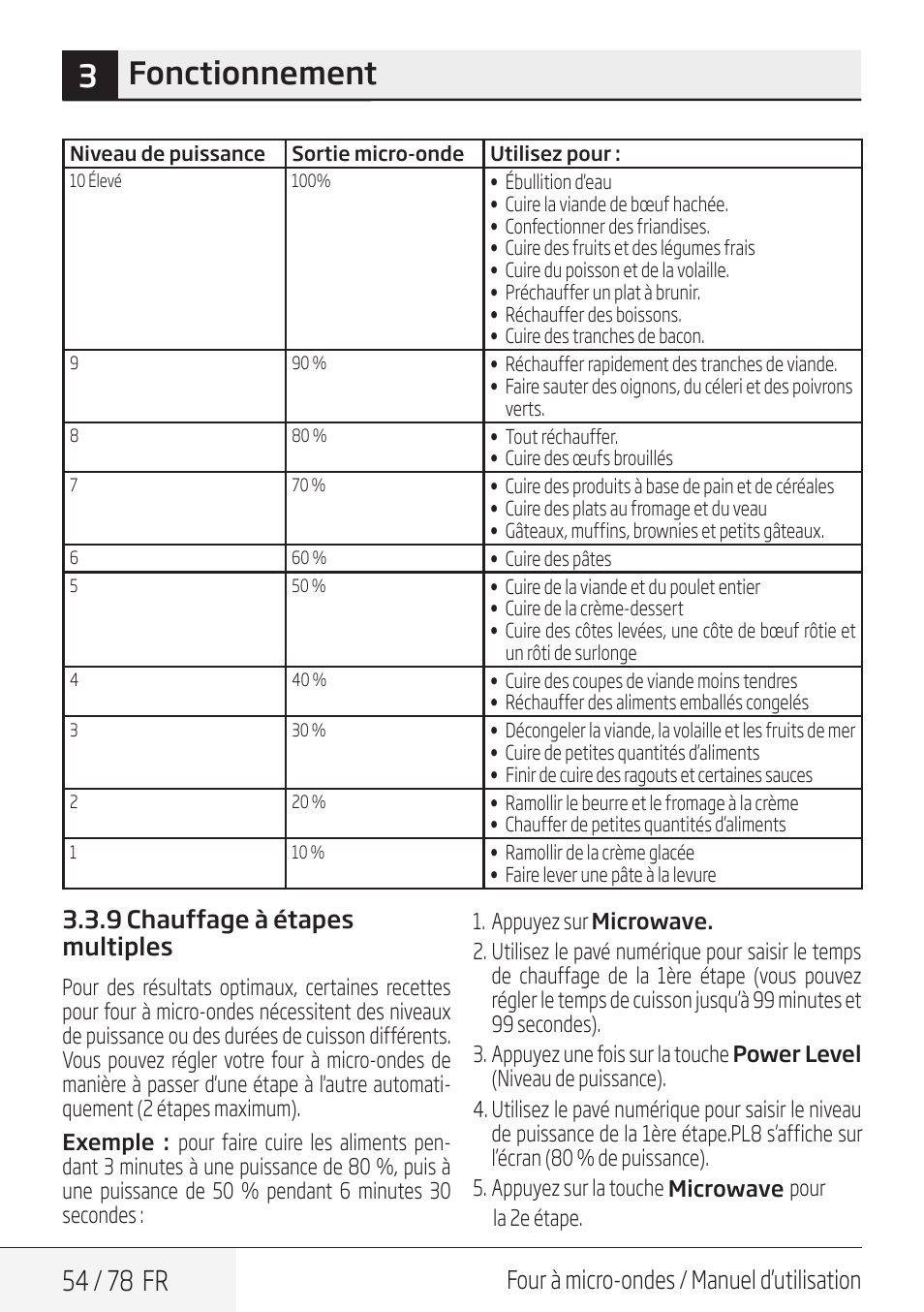 3fonctionnement, 54 / 78 fr, Four à micro-ondes / manuel d’utilisation | 9 chauffage à étapes multiples | Beko 30 Inch Over the Range Convection Microwave Owner Manual User Manual | Page 54 / 80