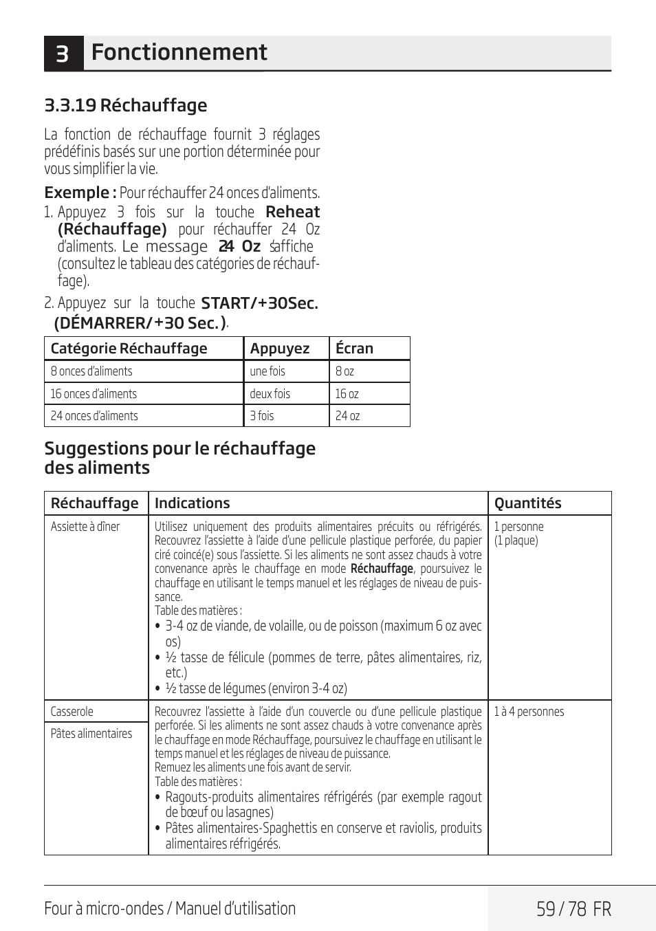 3fonctionnement, 59 / 78 fr, Four à micro-ondes / manuel d’utilisation | 19 réchauffage, Suggestions pour le réchauffage des aliments | Beko 30 Inch Over the Range Convection Microwave Owner Manual User Manual | Page 59 / 80