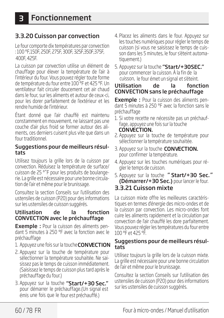 3fonctionnement, 60 / 78 fr | Beko 30 Inch Over the Range Convection Microwave Owner Manual User Manual | Page 60 / 80