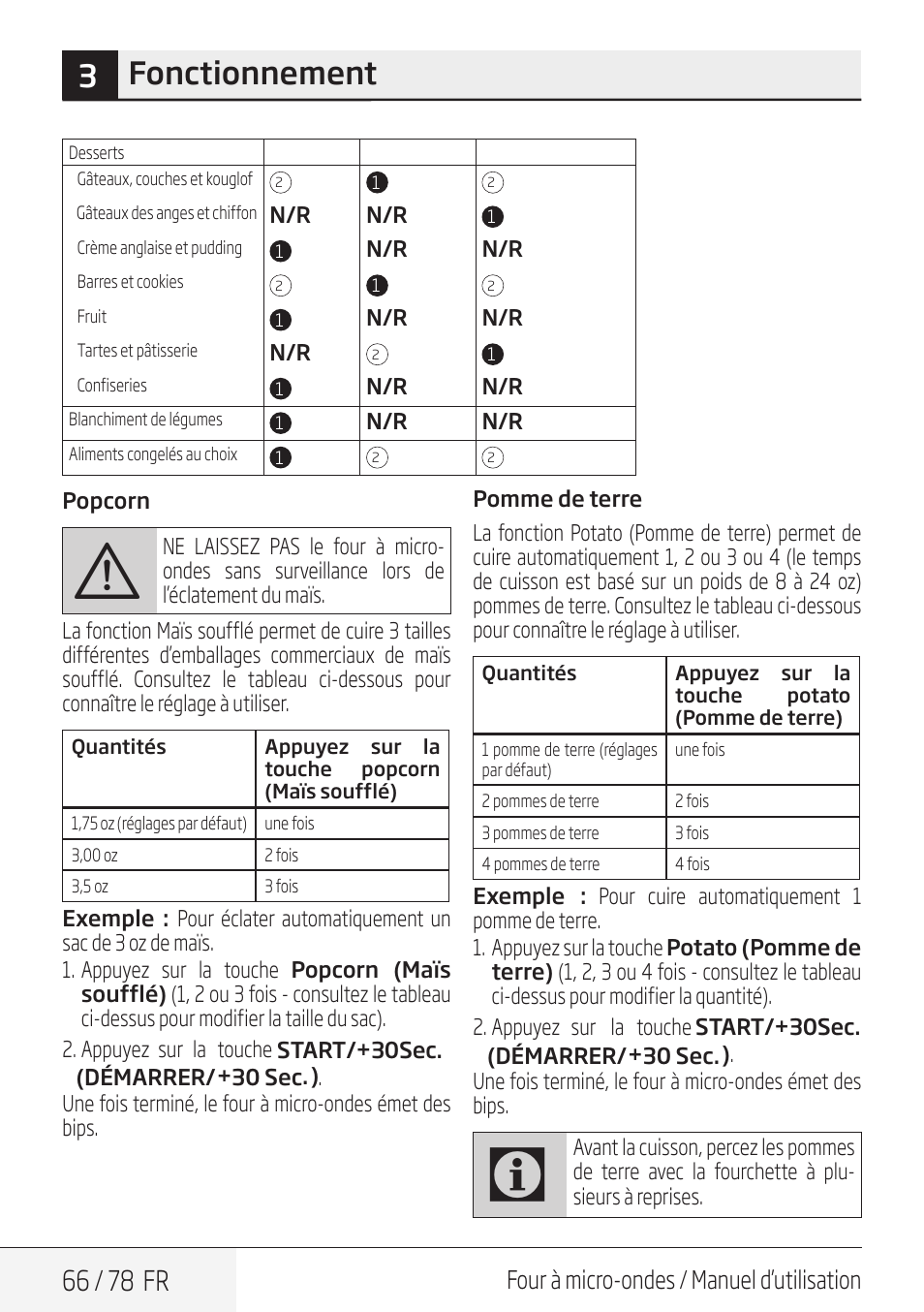 3fonctionnement, 66 / 78 fr, Four à micro-ondes / manuel d’utilisation | Beko 30 Inch Over the Range Convection Microwave Owner Manual User Manual | Page 66 / 80
