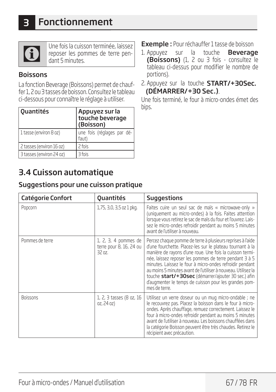 3fonctionnement, 67 / 78 fr, 4 cuisson automatique | Four à micro-ondes / manuel d’utilisation | Beko 30 Inch Over the Range Convection Microwave Owner Manual User Manual | Page 67 / 80