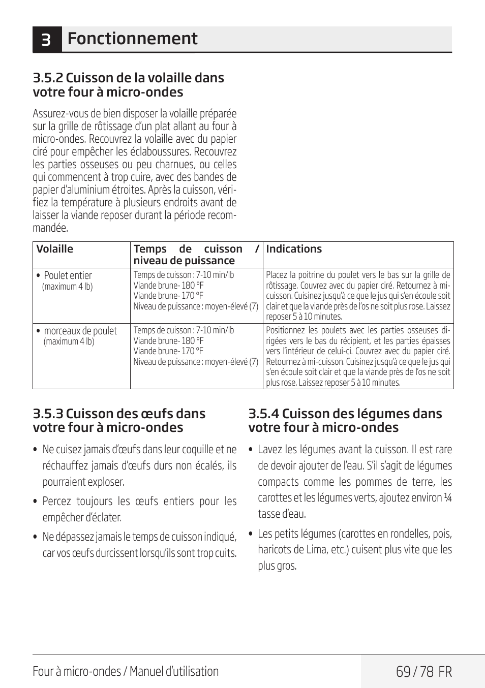 3fonctionnement, 69 / 78 fr, Four à micro-ondes / manuel d’utilisation | 3 cuisson des œufs dans votre four à micro-ondes | Beko 30 Inch Over the Range Convection Microwave Owner Manual User Manual | Page 69 / 80