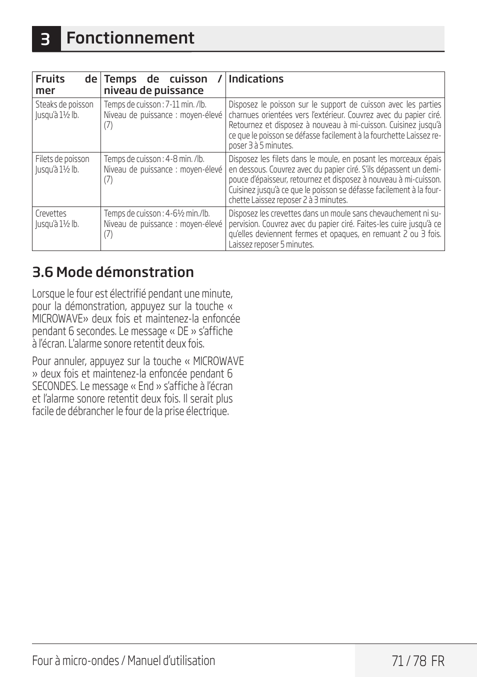 3fonctionnement, 71 / 78 fr, 6 mode démonstration | Four à micro-ondes / manuel d’utilisation | Beko 30 Inch Over the Range Convection Microwave Owner Manual User Manual | Page 71 / 80
