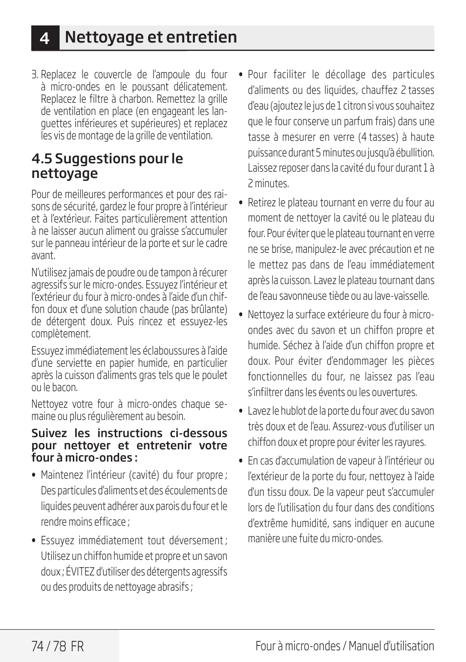 4nettoyage et entretien, 74 / 78 fr | Beko 30 Inch Over the Range Convection Microwave Owner Manual User Manual | Page 74 / 80