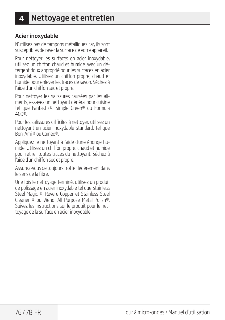 4nettoyage et entretien, 76 / 78 fr | Beko 30 Inch Over the Range Convection Microwave Owner Manual User Manual | Page 76 / 80