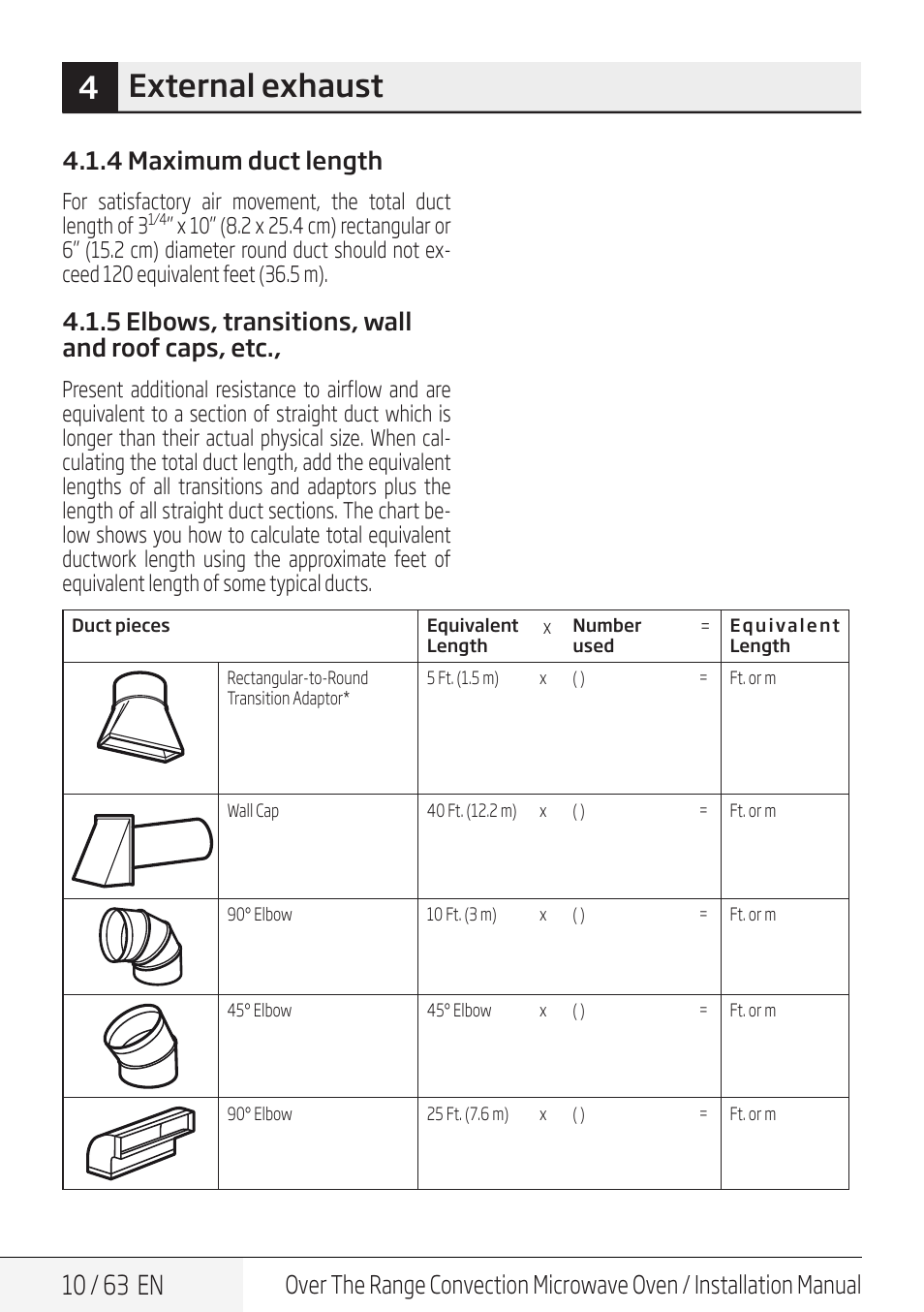 4external exhaust, 10 / 63 en, 4 maximum duct length | 5 elbows, transitions, wall and roof caps, etc | Beko 30 Inch Over the Range Convection Microwave Installation Guide User Manual | Page 10 / 64