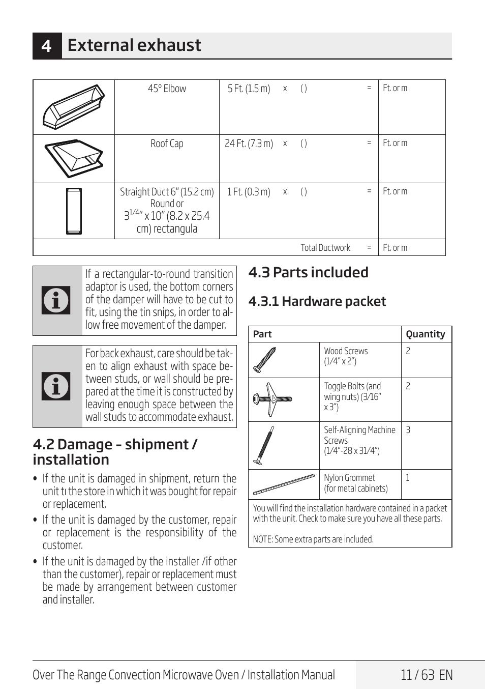 4external exhaust, 11 / 63 en, 2 damage – shipment / installation | 3 parts included | Beko 30 Inch Over the Range Convection Microwave Installation Guide User Manual | Page 11 / 64