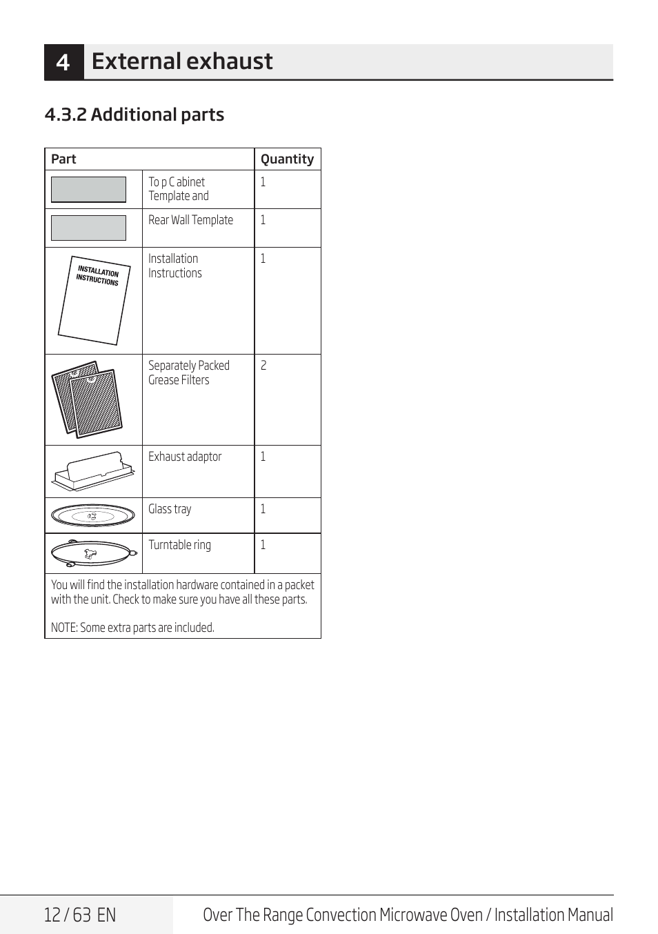 4external exhaust, 12 / 63 en, 2 additional parts | Beko 30 Inch Over the Range Convection Microwave Installation Guide User Manual | Page 12 / 64
