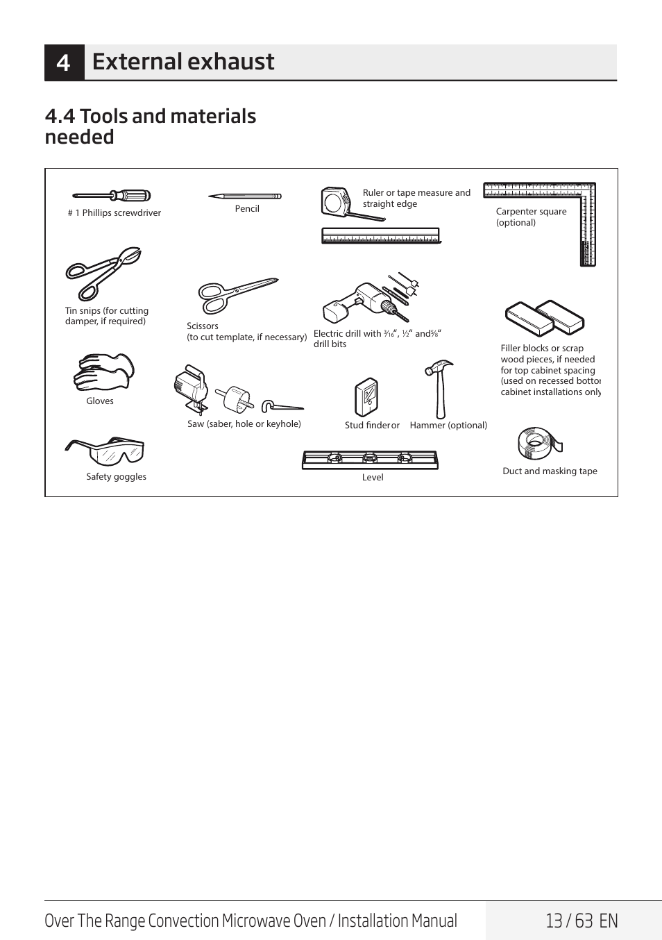 4external exhaust, 13 / 63 en, 4 tools and materials needed | Beko 30 Inch Over the Range Convection Microwave Installation Guide User Manual | Page 13 / 64