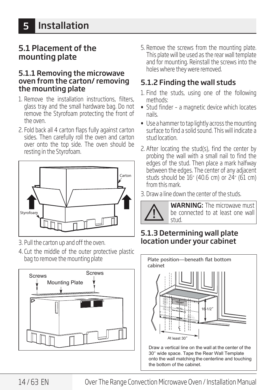 5installation, 14 / 63 en, 1 placement of the mounting plate | 2 finding the wall studs, 6 cm) or 24, Screws, Screws mounting plate, Plate position—beneath flat bottom cabinet, Carton styrofoam, At least 30 | Beko 30 Inch Over the Range Convection Microwave Installation Guide User Manual | Page 14 / 64