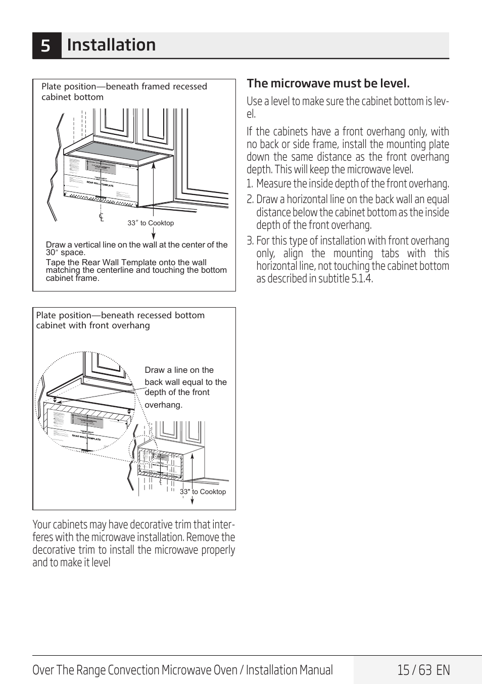5installation, 15 / 63 en, 33" to cooktop | Beko 30 Inch Over the Range Convection Microwave Installation Guide User Manual | Page 15 / 64