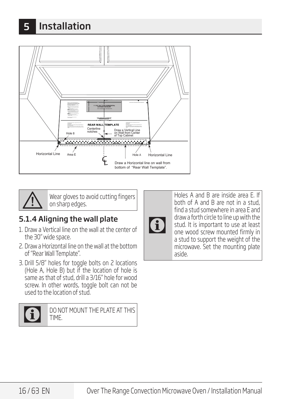 5installation, 16 / 63 en, 4 aligning the wall plate | Do not mount the plate at this time | Beko 30 Inch Over the Range Convection Microwave Installation Guide User Manual | Page 16 / 64