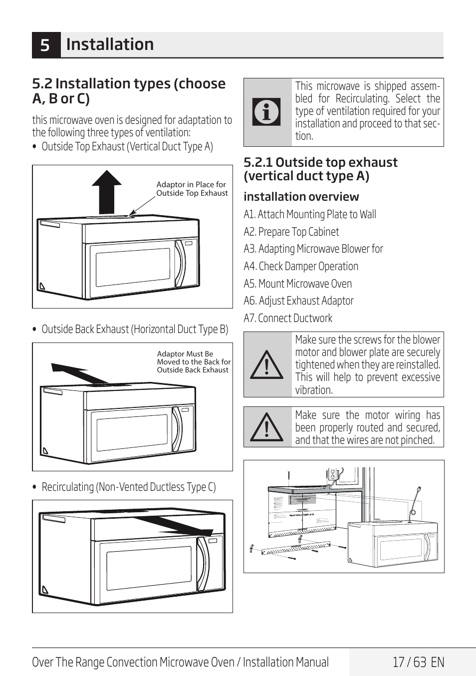 5installation, 17 / 63 en, 2 installation types (choose a, b or c) | 1 outside top exhaust (vertical duct type a), Outside back exhaust (horizontal duct type b), Recirculating (non-vented ductless type c), Adaptor in place for outside top exhaust | Beko 30 Inch Over the Range Convection Microwave Installation Guide User Manual | Page 17 / 64
